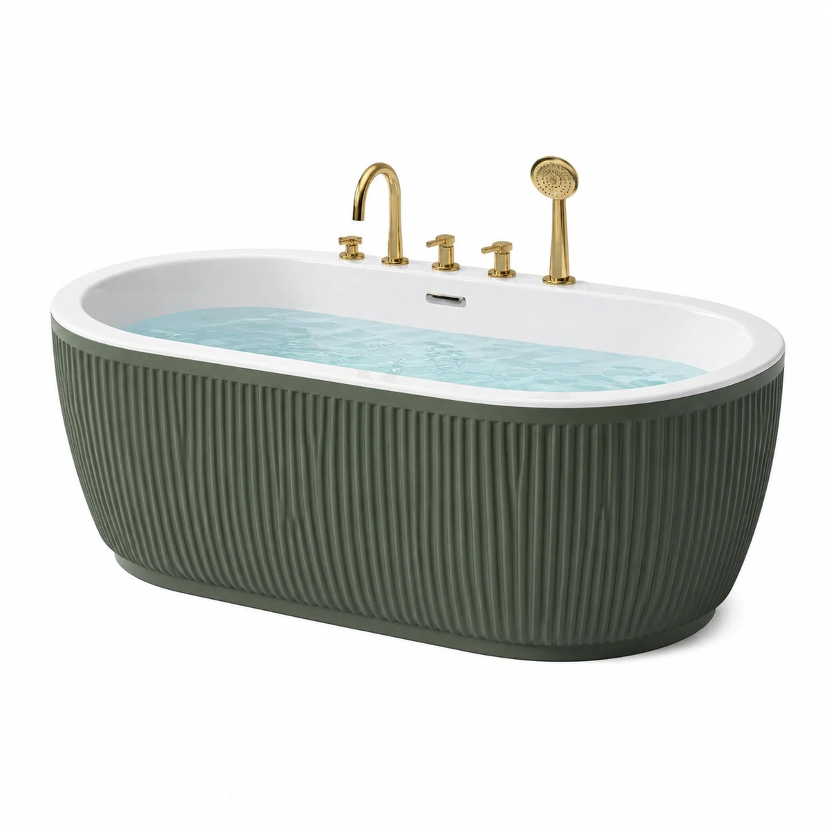 Freistehende Acryl-Badewanne 170 × 75 × 58 cm in Grün/Weiß mit goldfarbener Armatur