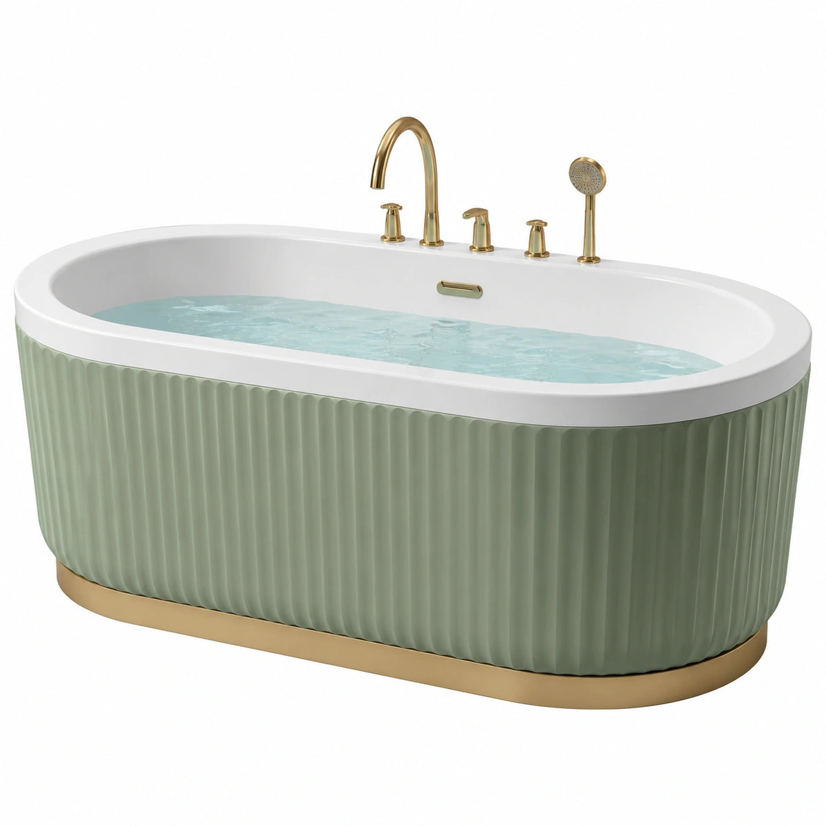 Freistehende Acryl-Badewanne 170 x 75 x 58 cm in Grün, Weiß und Gold mit geriffelter Oberfläche, Armatur und Handbrause