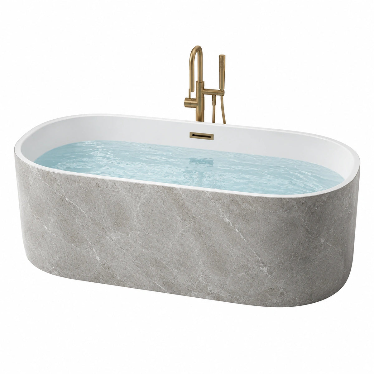 Freistehende ovale Badewanne 170 × 80 × 58 cm in Grau/Weiß, Steinoptik