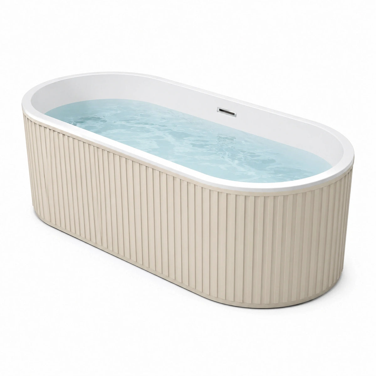 Freistehende ovale Acrylbadewanne 170 × 75 × 58 cm in Weiß und Beige mit geriffelter Verkleidung