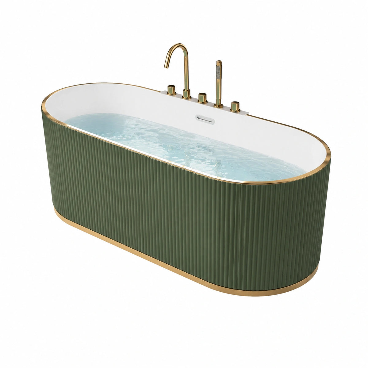 Freistehende Acrylbadewanne 170 × 75 × 58 cm in Grün/Weiß/Gold mit Randarmatur und Handbrause