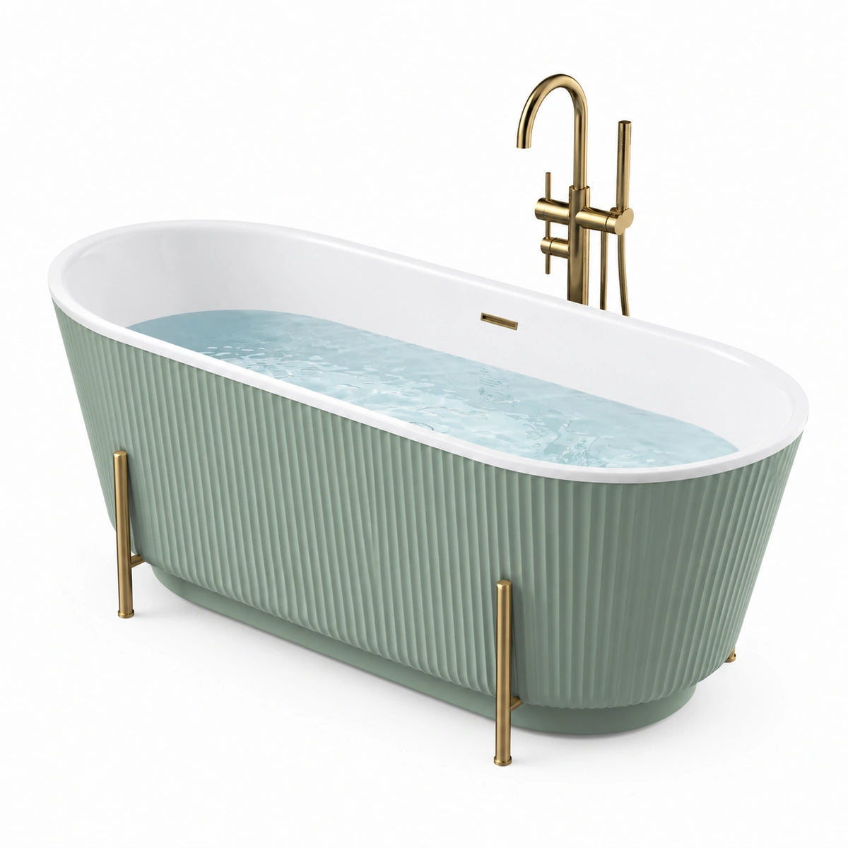 Freistehende Badewanne 170 × 75 × 58 cm in Mintgrün, Weiß und Gold mit geriffelter Oberfläche