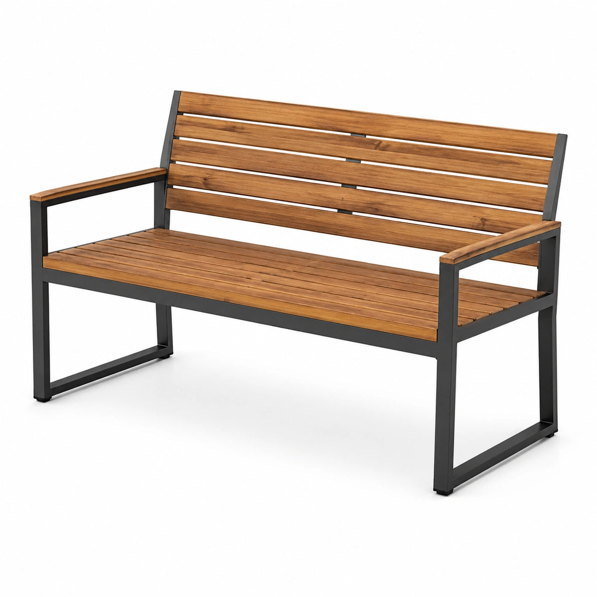 Gartenbank mit Armlehnen, Holzleisten und Stahlgestell, 120 x 60 x 85 cm, Braun/Schwarz