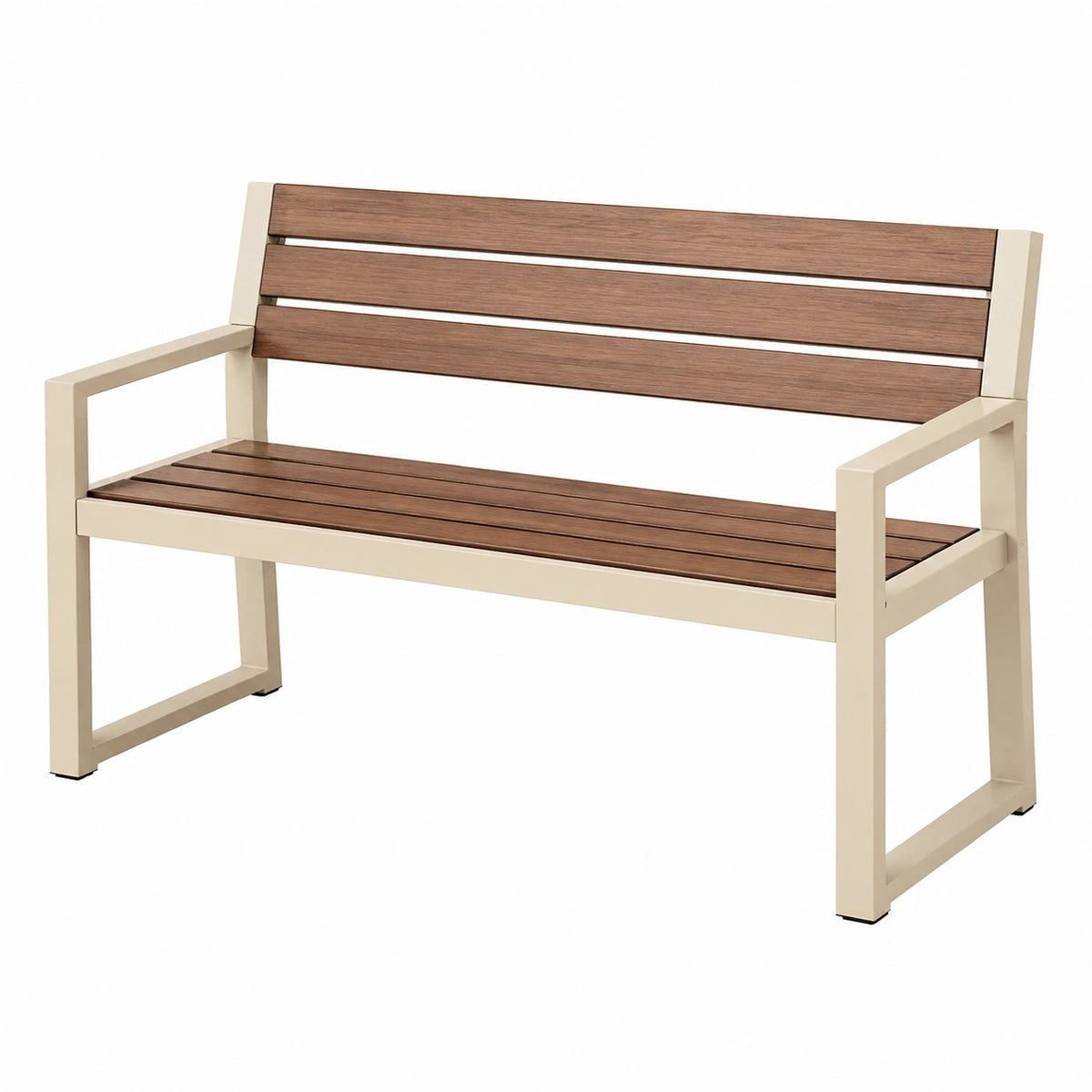Moderne Gartenbank mit Armlehnen, Metall und Holz, Braun/Beige, 120 × 60 × 85 cm