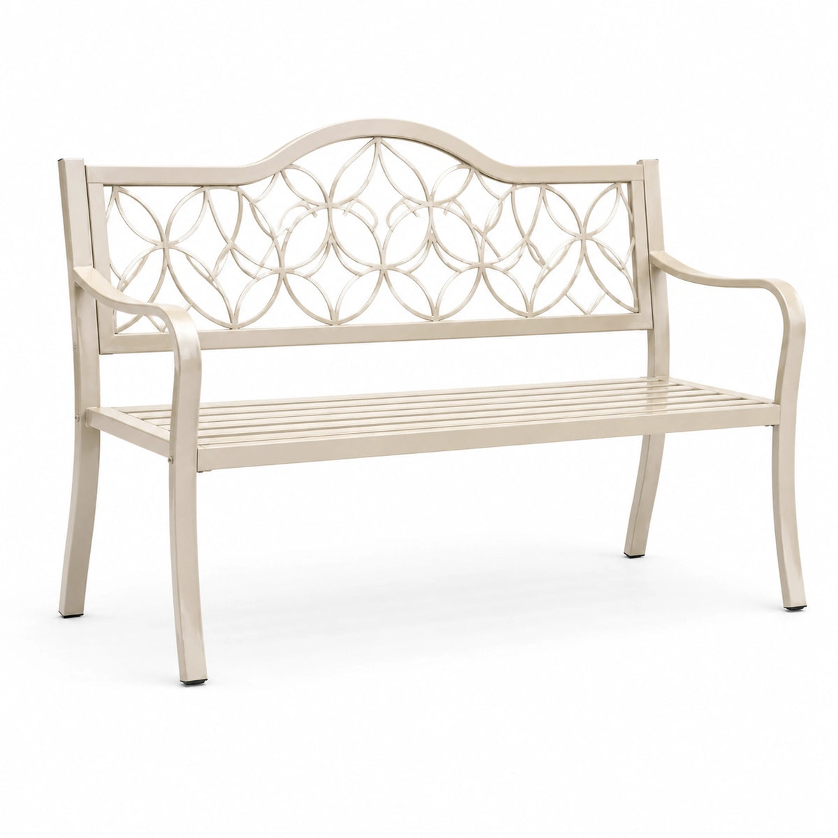 Metall-Gartenbank in Cremeweiß mit floralem Gitterdesign, 120 × 60 × 90 cm