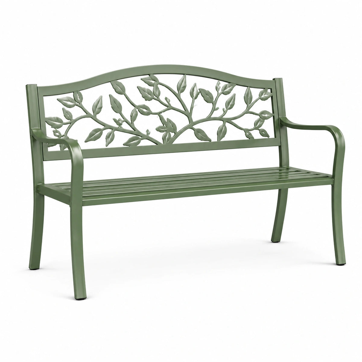 Gartenbank aus Metall in Olivgrün mit Blattdekor, 122 x 60 x 89 cm
