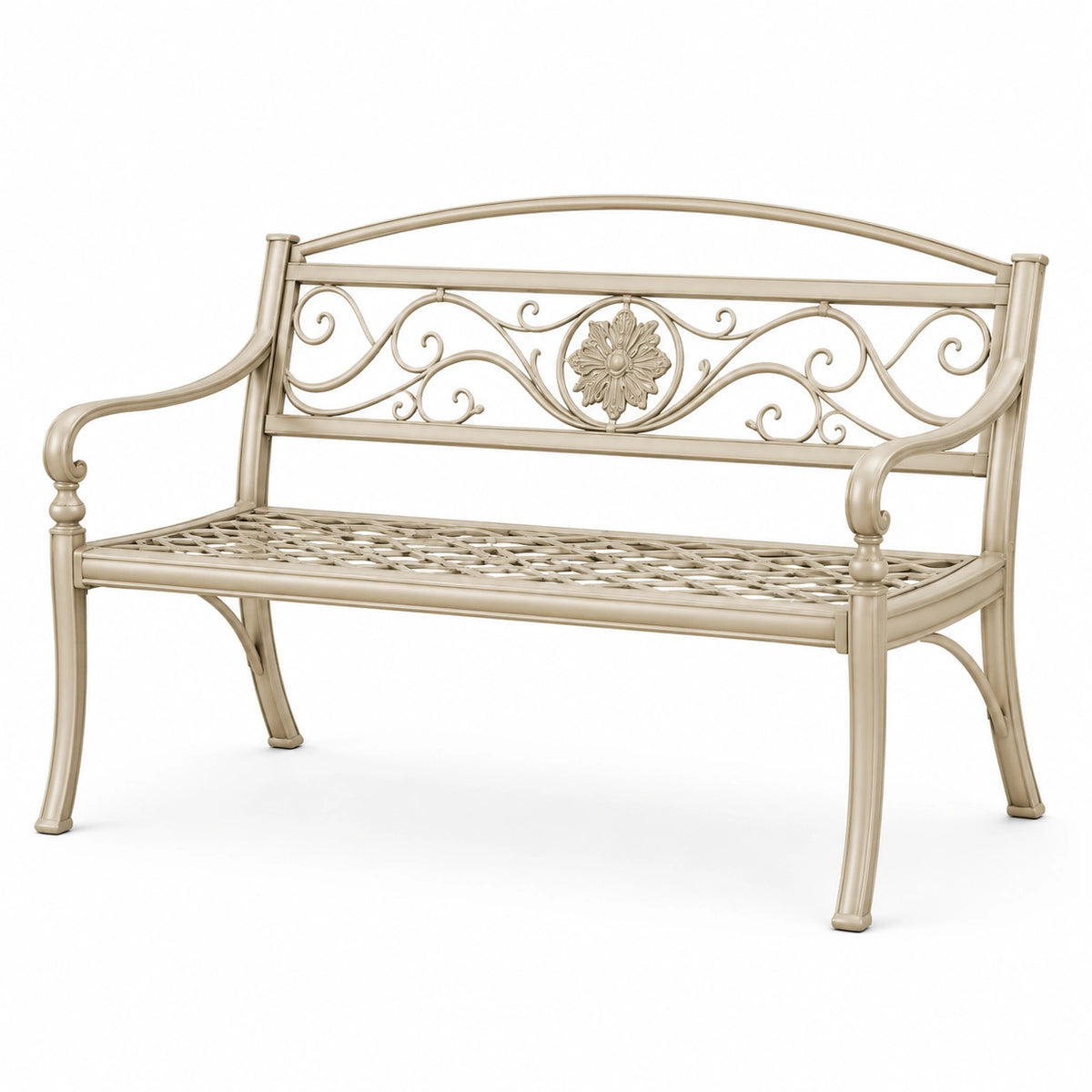 Metall-Gartenbank für 2 Personen, 120 × 60 × 95 cm, Cremeweiß, Landhausstil mit floralem Ornament