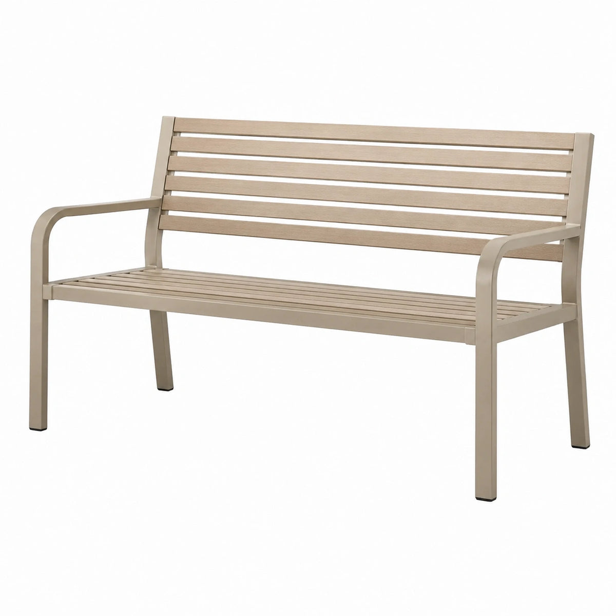 Beige Metall-Gartenbank mit Armlehnen und Lattenstruktur, 125 × 60 × 85 cm