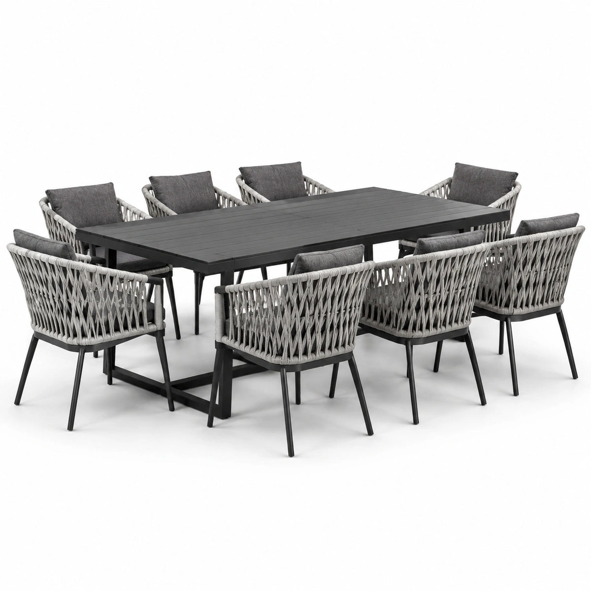 9-teiliges Gartenmöbelset Schwarz/Grau mit Tisch 200 × 100 × 75 cm und 8 Armlehnstühlen