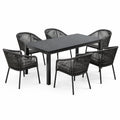 Schwarze Essgruppe mit Metallgestell und Kunststoffgeflecht, Tisch 150 x 90 x 75 cm, 6 Armlehnstühle
