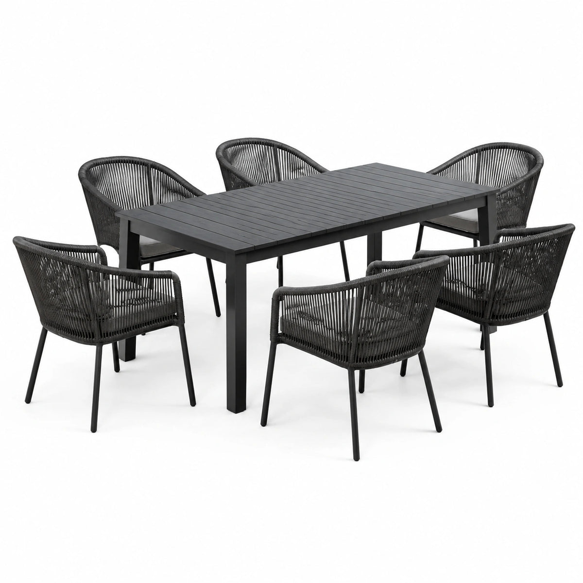 Schwarze Essgruppe mit Metallgestell und Kunststoffgeflecht, Tisch 150 x 90 x 75 cm, 6 Armlehnstühle