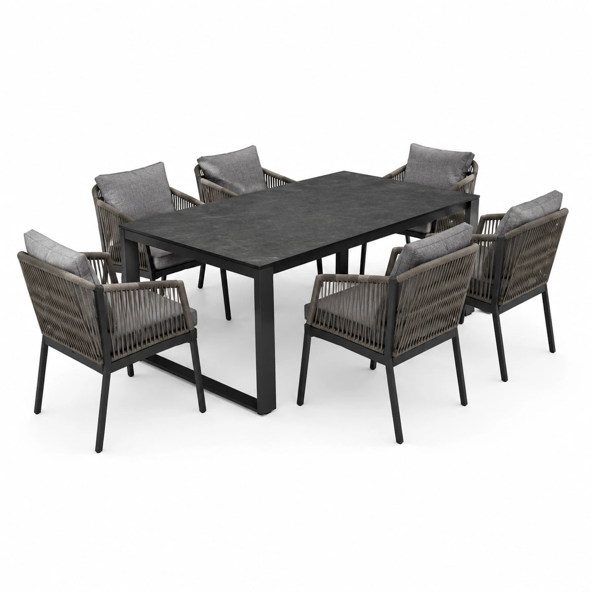 7-teiliges Gartenmöbelset mit Tisch 180 × 90 × 75 cm und 6 Sesseln 62 × 65 × 78 cm in Grau, Anthrazit und Schwarz