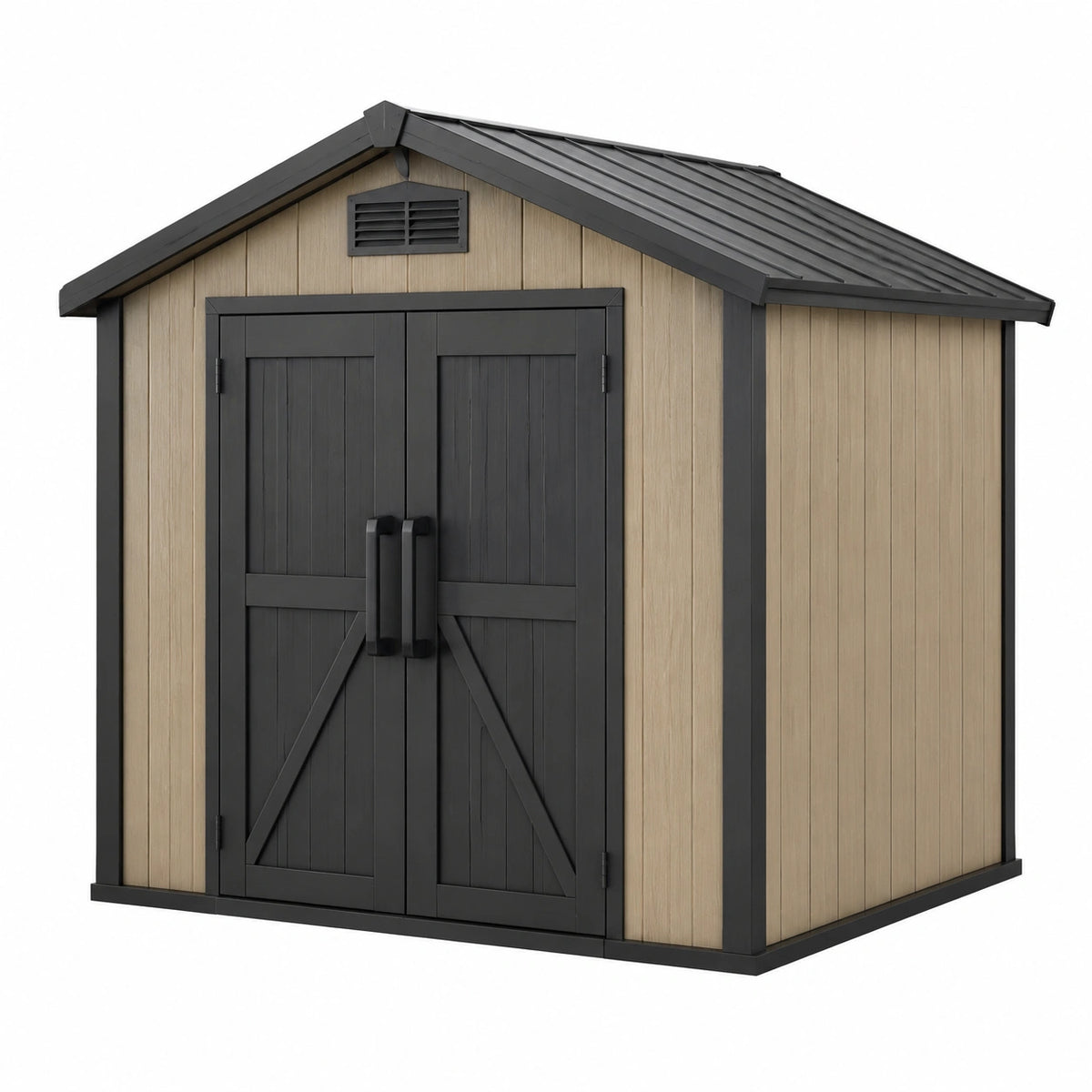 Kunststoff-Geräteschuppen 200 × 150 × 190 cm Beige/Anthrazit mit Doppeltür und Satteldach