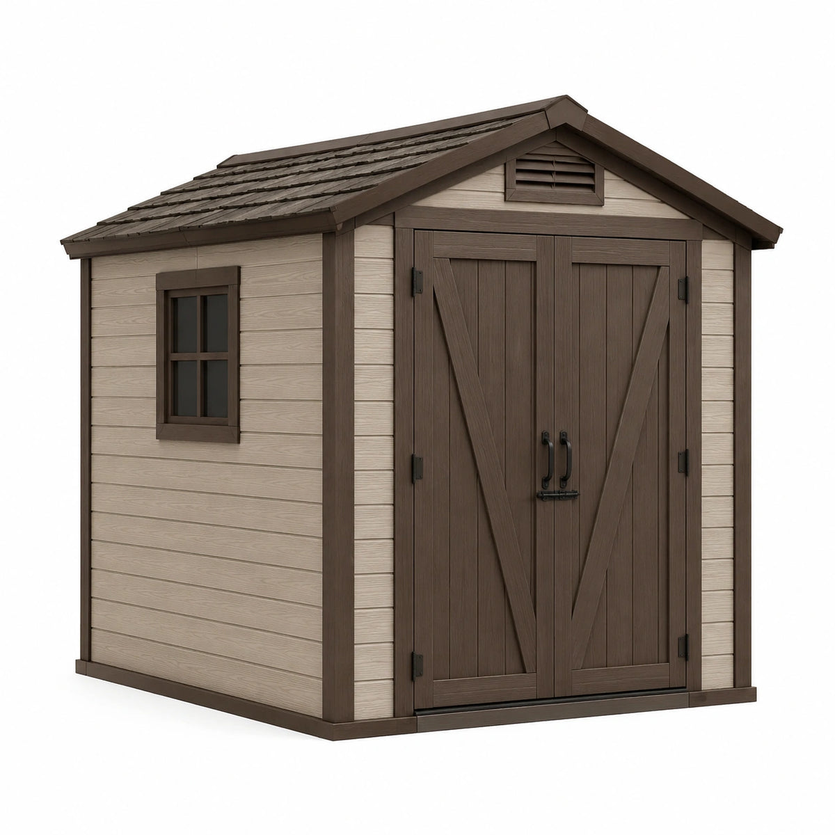 Kunststoff-Geräteschuppen 210 × 130 × 190 cm Beige/Braun mit Doppeltür, Fenster und Satteldach