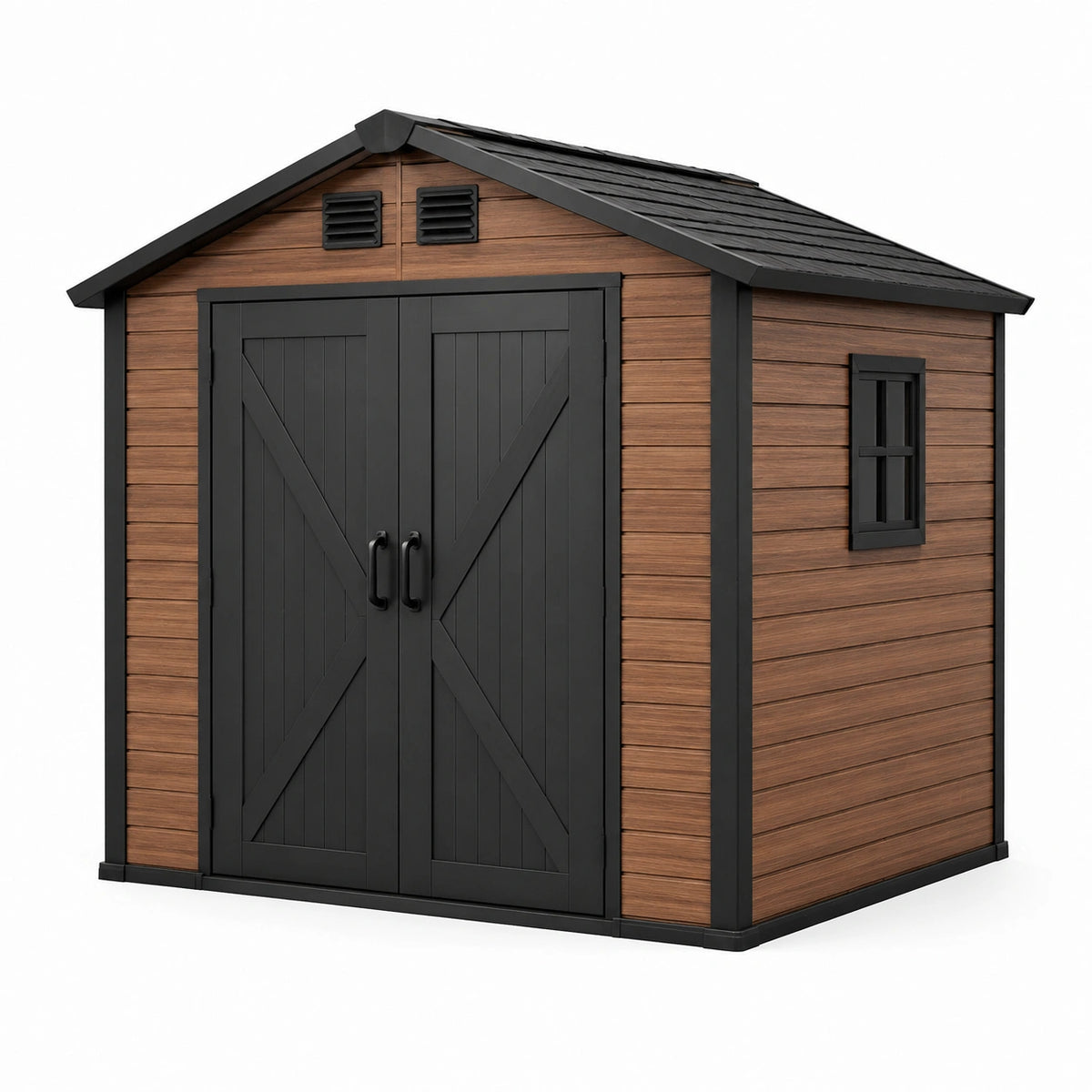 Kunststoff-Gerätehaus in Holzoptik, Braun/Schwarz, 220 × 180 × 210 cm, mit Doppeltür, Fenster und Satteldach
