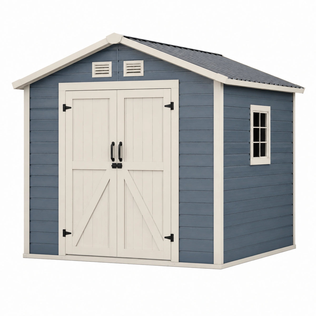 Holz-Gartenhaus 240 × 180 × 220 cm Blau/Weiß/Grau mit Doppeltür, Fenster und Satteldach
