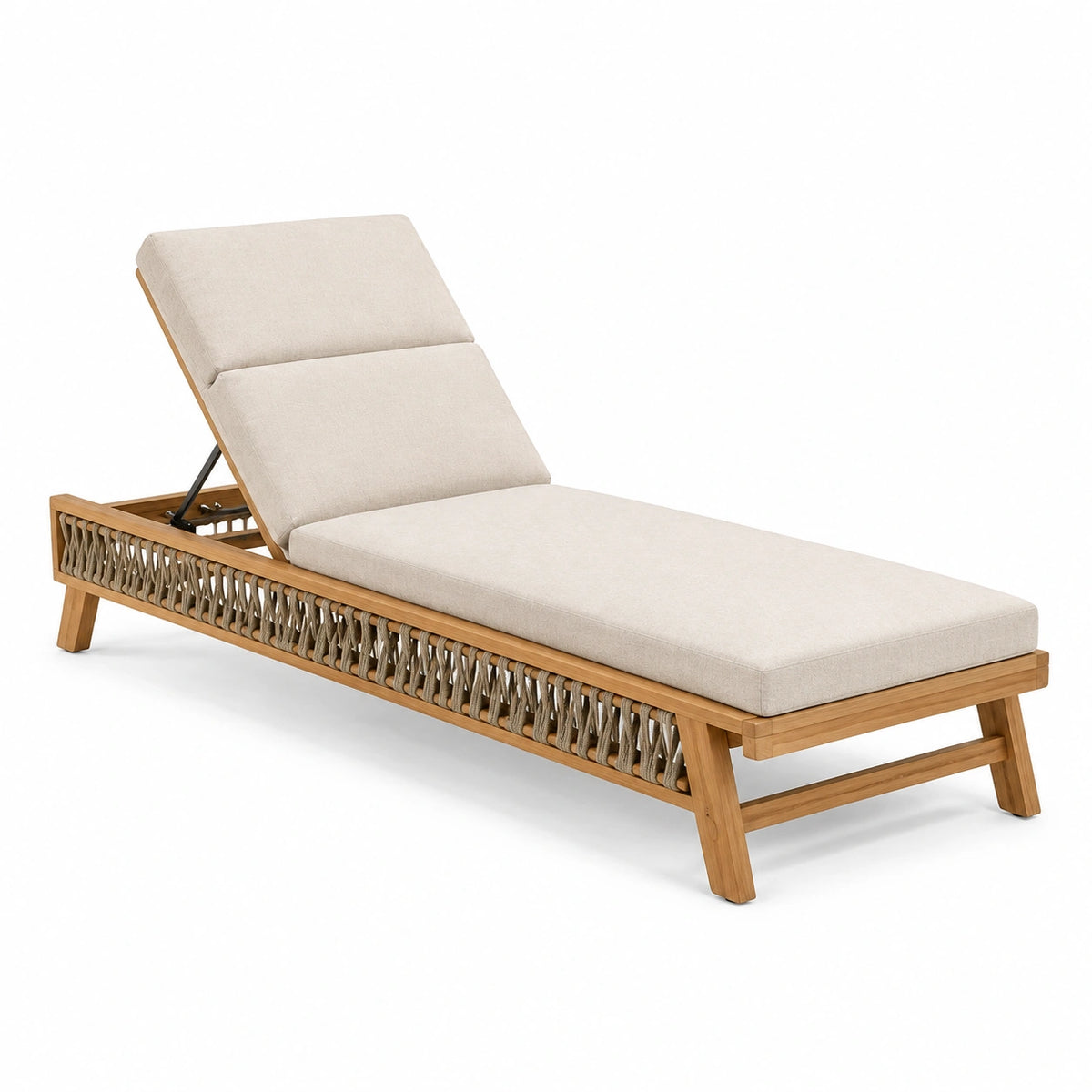 Verstellbare Gartenliege aus Holz mit Seilgeflecht und Polsterung, 200 × 70 × 35 cm, Beige/Naturbraun/Schwarz
