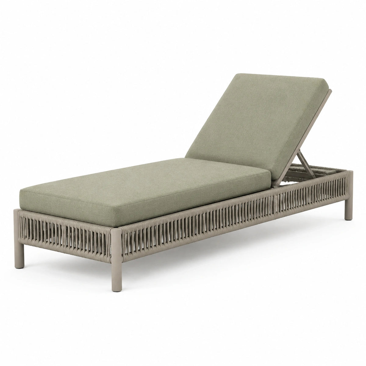 Gartenliege 200 × 75 × 35 cm aus Metall und Seilgeflecht in Olivgrün/Graubeige mit verstellbarer Rückenlehne