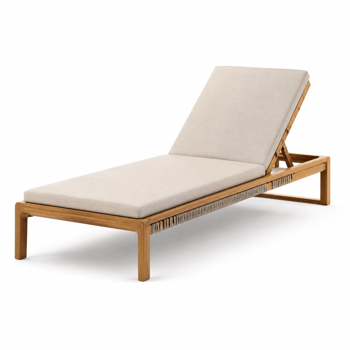 Holz-Gartenliege mit verstellbarer Rückenlehne und beiger Polsterung, 200 × 70 × 35 cm