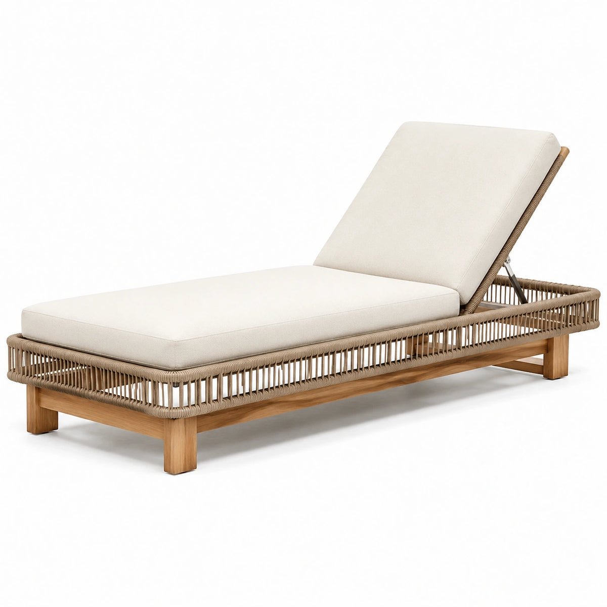 Gartenliege 200 × 75 × 35 cm aus Holz und Seilgeflecht in Naturbeige/Beige mit verstellbarer Rückenlehne